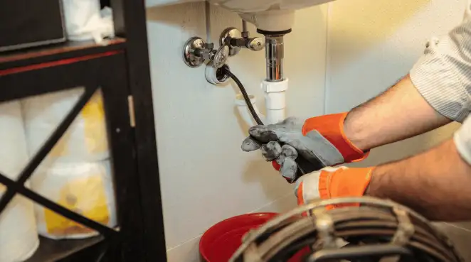 Drain cleaning technician using a motorized plumbing snake to clear a clogged sink pipe in Myrtle Beach, SC